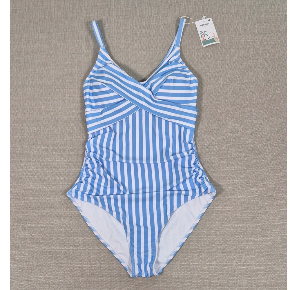 B2PRITY Women Blue White Striped Tummy Control One Piece Swimsuit Size‎ M NWT